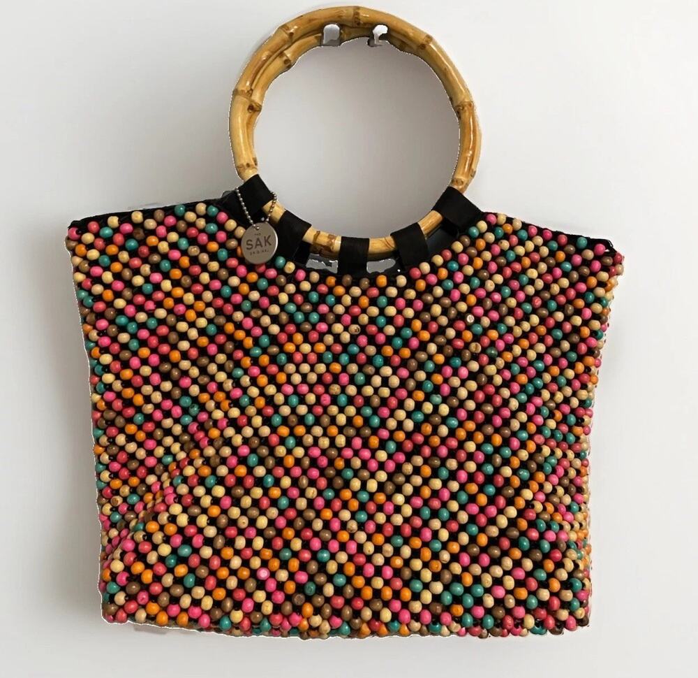 Vintage Rare The Sak Multicolor Beaded Top Handle Bag Bamboo-Handle Bag w Charm